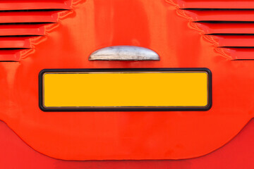 Retro car number plate template. Back side automobile, empty sign yellow color. red paint body car.