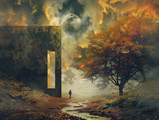 Surreal artwork of a person approaching a giant doorway in a mystical autumn forest with a full moon - 798092964