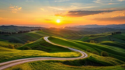 Twilight Glow on a Serene Tuscan Road Encased in Verdant Rolling Hills