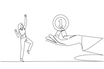 Single continuous line drawing businesswoman was happy to get reward medal from giant hand. Recognition for all hard work. Paid off. The best employee of the year. One line design vector illustration