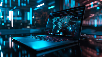 A laptop is open on a table with a blue background. The screen is lit up with a bright blue light. The laptop is displaying a complex circuit board with many small lights