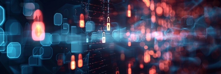 Obraz premium Flowing Disruption: Cybersecurity Network Icons on Light Blue Padlock Banner