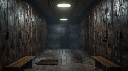 dark and old locker hallway, lockers on both sides of walls, wood benches in the middle of the...