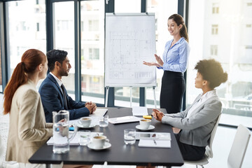 Presentation, woman and office with smile for project with clients, teamwork and collaboration. Blueprint, boardroom and happy for business achievement with strategy and discussion as architect