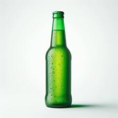 Green beer bottle with condensation drops on white background, Generative Ai.