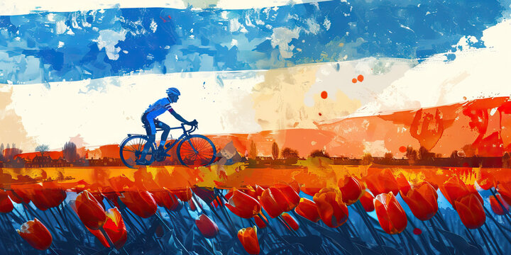  Dutch Flag with a Cyclist and a Tulip Farmer - Picture the Dutch flag with a cyclist representing the country's cycling culture and a tulip farmer 