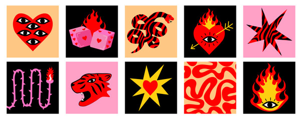 Boho celestial magic art tiger heart star comet flame fire. Contemporary illustration poster card sticker in playful bohemian style. Mystic cosmic tarot aesthetic. Black red white yellow pink colors. © Ольга Логвиненко