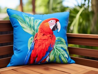 A colorful pillow showcasing a vibrant photo of an exotic bird