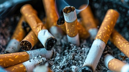 Cigarette butts, environmental pollution, yellow cigarette filters. Harm to health.
