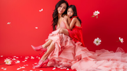 A woman and a child are sitting on a red background with flowers in the foreground. The woman is wearing a pink dress and the child is wearing a red dress. Concept of warmth and love between the two