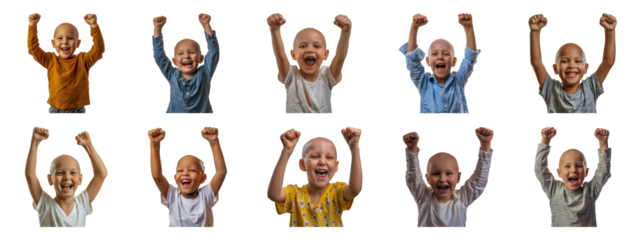 Bald child celebrates defeating cancer with triumphant raised fists cut out png on transparent background