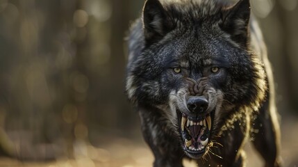 Fototapeta premium intense closeup: majestic black wolf roaring with powerful presence, dramatic teeth exposed, blurred wilderness background - wildlife photography