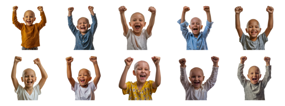 Bald child celebrates defeating cancer with triumphant raised fists cut out png on transparent background - Powered by Adobe