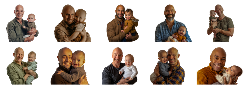 Bald father holding his baby with care cut out png on transparent background