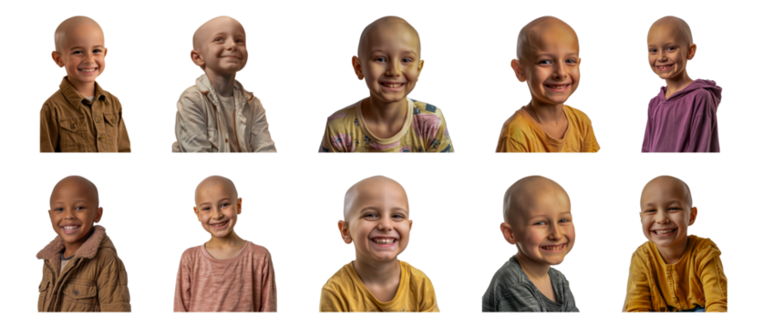 Bald child with cancer showcasing strength and smiles cut out png on transparent background