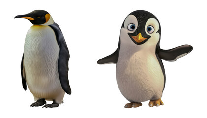 Emperor and cartoon penguin side by side cut out png on transparent background