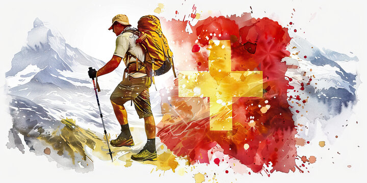 Swiss Flag with a Cheese Maker and a Hiker - Imagine the Swiss flag with a cheese maker representing Switzerland's cheese industry and a hiker