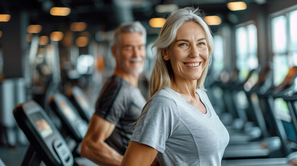 Fototapeta premium senior woman man exercise gym fitness couple sport healthy elderly health training active happy portrait old fit mature female adult workout body vitality.