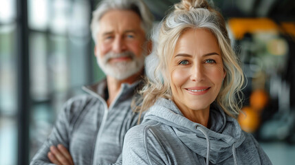 senior woman man exercise gym fitness couple sport healthy elderly health training active happy portrait old fit mature female adult workout body vitality.