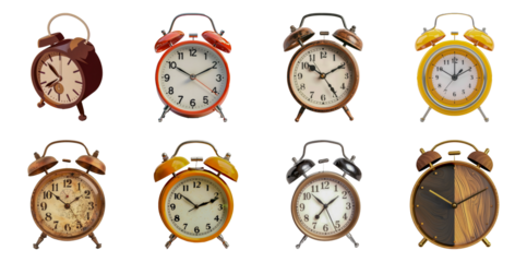 Assorted vintage alarm clocks cut out png on transparent background