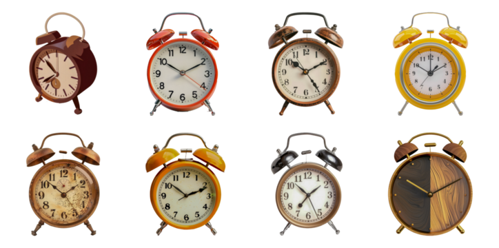 Assorted vintage alarm clocks cut out png on transparent background