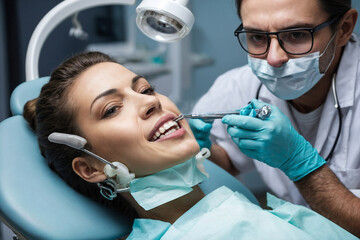A patient at a dentist's appointment in a special dental chair.