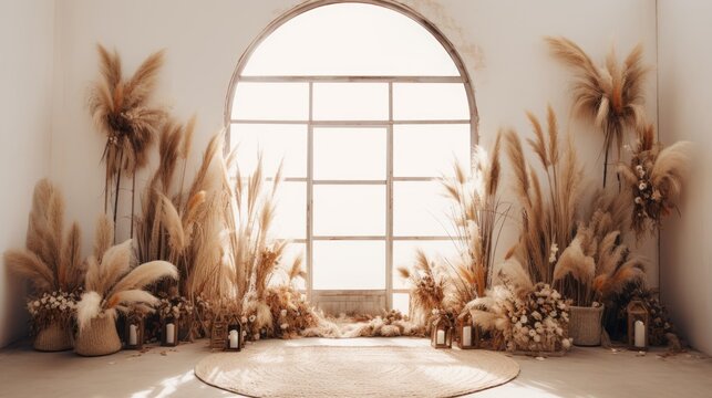 boho wedding indoor macrame rug arch room, ai - Powered by Adobe