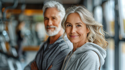 Obraz premium senior woman man exercise gym fitness couple sport healthy elderly health training active happy portrait old fit mature female adult workout body vitality.