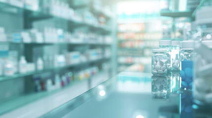 abstract blurred background interior of a modern pharmacy, defocused medical clinic or office