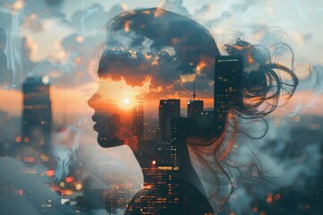 Obraz premium City Dreamscape: Double Exposure of Woman and Sunset Skyline