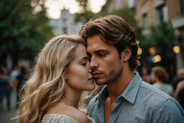 Obraz premium love story. A beautiful blonde girl in the foreground, a handsome brunette man in the back.