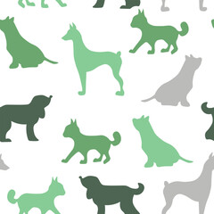 Vector seamless repeating childish pattern with cute dogs, cats in Scandinavian style. Animals background with dog, cat, pets, puppy for invitation, poster, card, flyer, textile, fabric