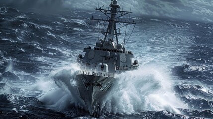 A navy ship sailing on a vast body of water. Suitable for military and nautical themes