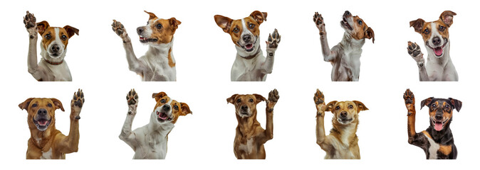 Playful dogs raising paws cut out png on transparent background