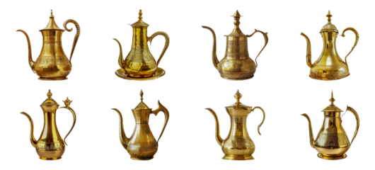 Collection of traditional golden Arabic coffee pots cut out png on transparent background