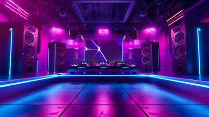 Dj booth in a huge hall with big speakers colorful techno style no people