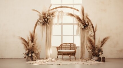 boho wedding indoor macrame rug arch room, ai