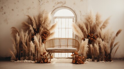 boho wedding indoor macrame rug arch room, ai
