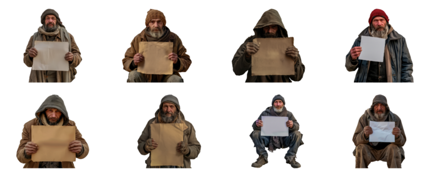 Homeless men holding blank signs for text cut out png on transparent background - Powered by Adobe