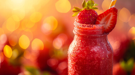 Strawberry smoothie in a glass bottle, straw, summer day, vibrant colors
