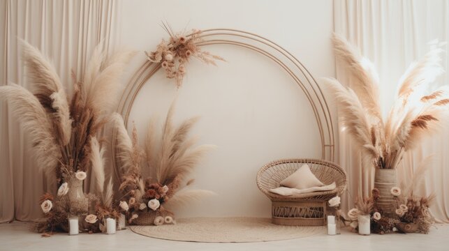 boho wedding indoor macrame rug arch room, ai