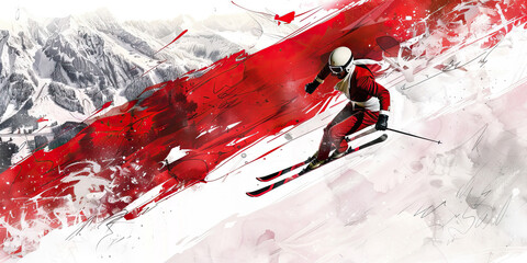 Austrian Flag with a Mozart Impersonator and a Ski Jumper - Imagine the Austrian flag with a Mozart impersonator representing Austria's musical legacy and a ski jumper