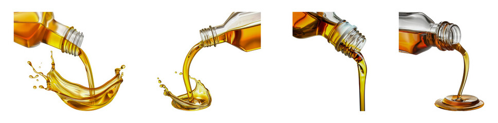 Viscous oil pouring with elegance from glass bottles cut out png on transparent background