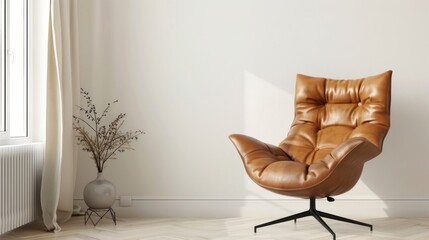 classic armchair in a room, Living room interior mockup in warm tones with armchair on empty light wall background.