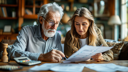 Woman man senior bill finance retirement couple home document calculator paper wife budget elderly together mature old retired paperwork tax. - Powered by Adobe