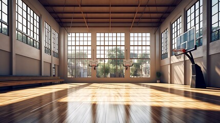 realistic high-ceiling basketball court, showcasing soft, natural light streaming through large windows. Utilize a cool-toned, modern color palette