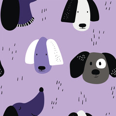 Vector seamless repeating childish pattern with cute dogs in Scandinavian style. Animals background with dog, pets, puppy for invitation, poster, card, flyer, textile, fabric