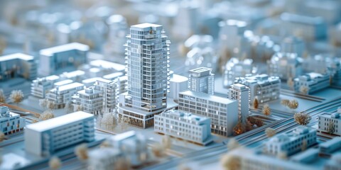 A model of a city with numerous buildings. Suitable for urban planning concepts