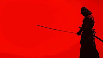 Disciplined Kendo Warrior Silhouette Against Scarlet Foundation