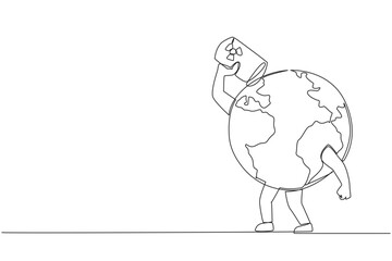 Single continuous line drawing globe drinking oil drums. Exploiting natural resources can also damage earth. Dangerous to earth. The extinction of the ecosystem. One line design vector illustration